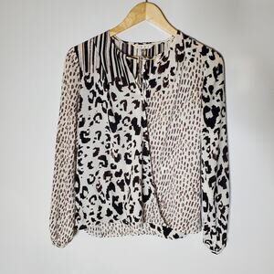 Cabi #590 Brown Ivory Animal Print Faux Wrap Long Sleeves XS